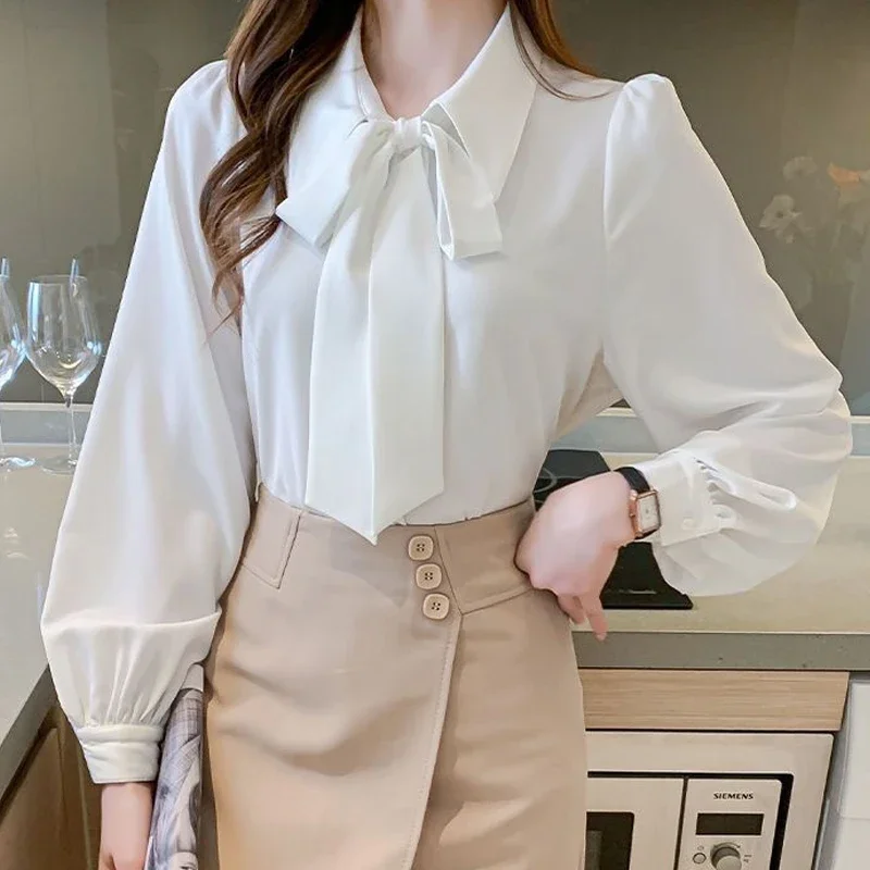 Elegant Fashon Office Lady Shirt Women All Match Chic Loose Casual Bow Turn Down Sleeve Lantern Sleeve Solid Color Top B792