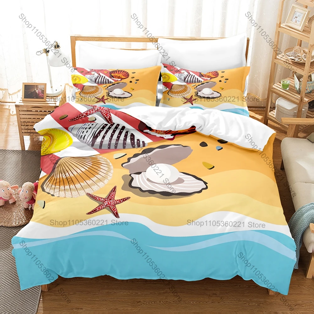 Beach Shells Bedding Set Includes Duvet Cover + 2 Pillowcases Pastel Ocean Conch Starfish Nautical Coastal Summer Bedroom Decor