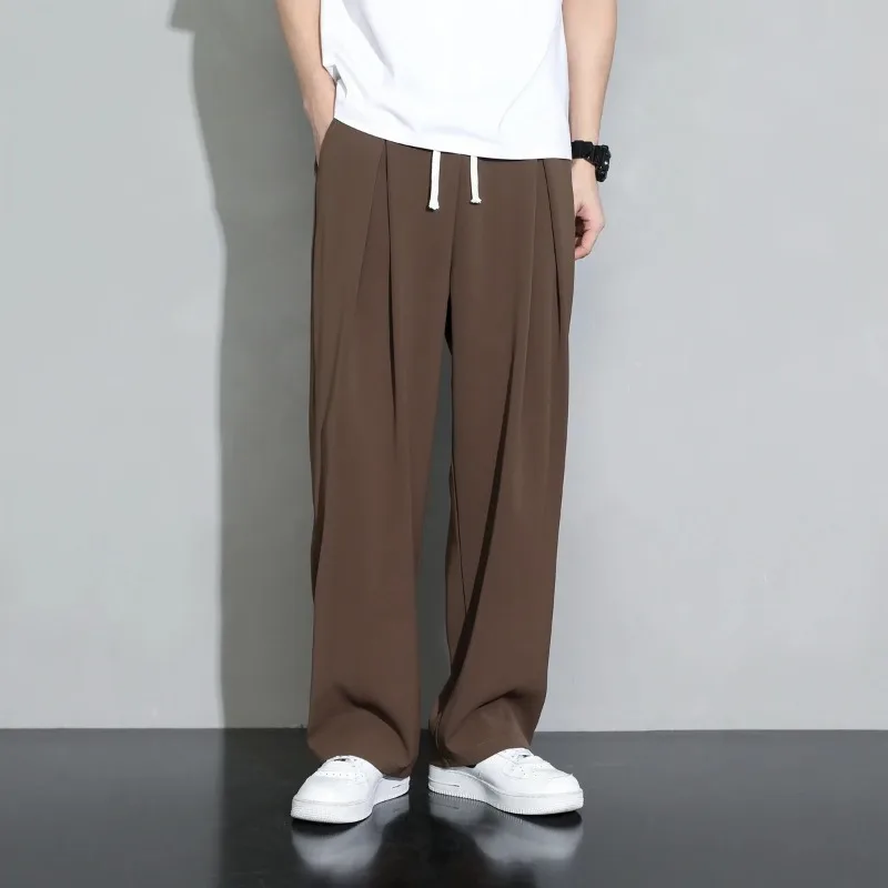 

Men's Spring Autumn Vacation Solid Pockets Elastic High Waisted Casual Loose Wide Leg Sports Office Lady England Style Pants