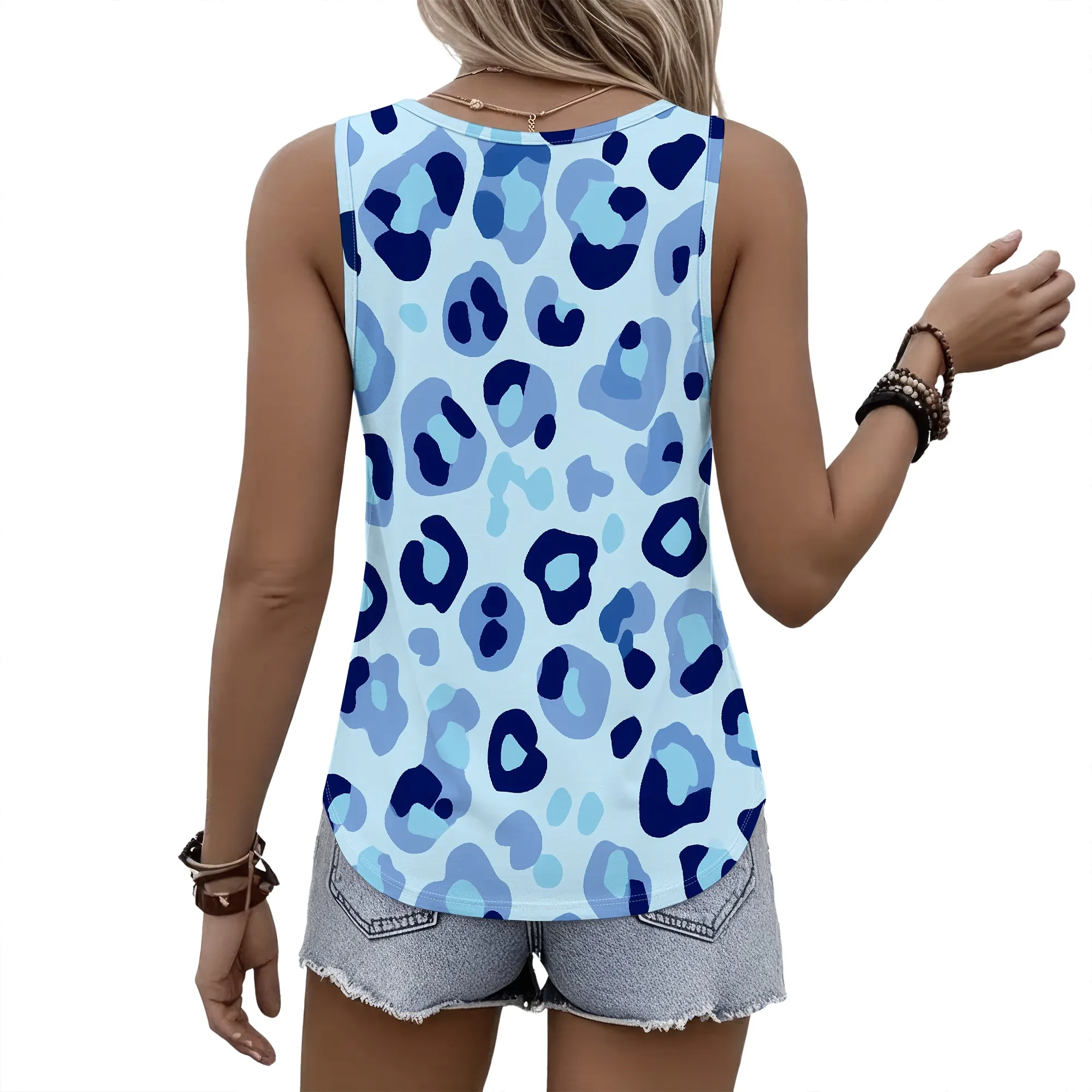 Blue Leopard Print Tank Top, Sleeveless Casual Blouse, Loose Fit Summer Shirt for Women, Vacation Beach Wear, S-2XL