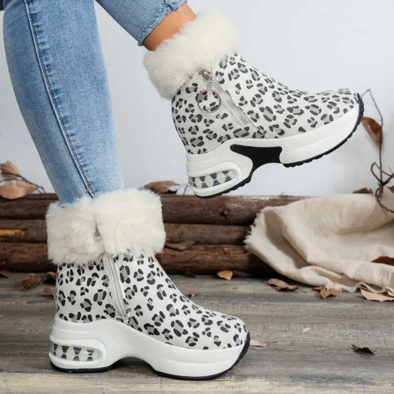 Leopard Women Platform Fur Ankle Boots High Heels Shoes Winter 2025 Trend New Short Plush Warm Casual Sport Snow Botas Mujer