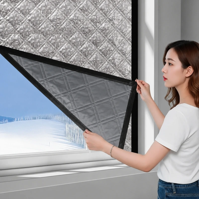 Self Adhesive Thick Thermal Window Curtain, Aluminum Foil Quilted Insulated Blackout Curtain for Winter Cold Wind Blocking Home