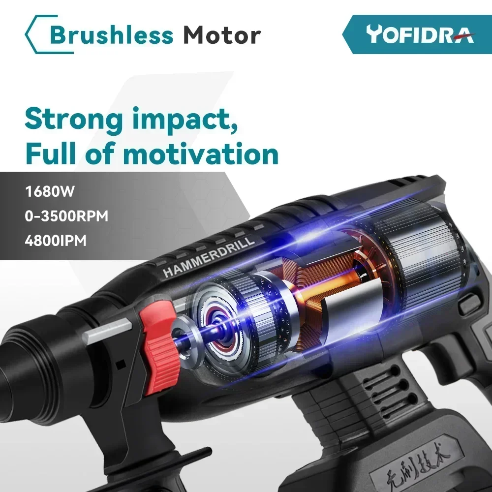 Yofidra 26MM Brushless Electric Hammer Electric Pick Impact Drill Multi-function Cordless Rotary Tool For Makita 18V Battery