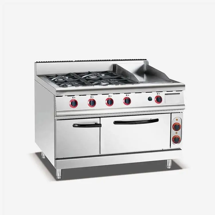 

2024 Hot sale Catering Equipment Multi functional 4 Burner Gas Cooker Range With Griddle and Oven Suitable for restaurant&shop