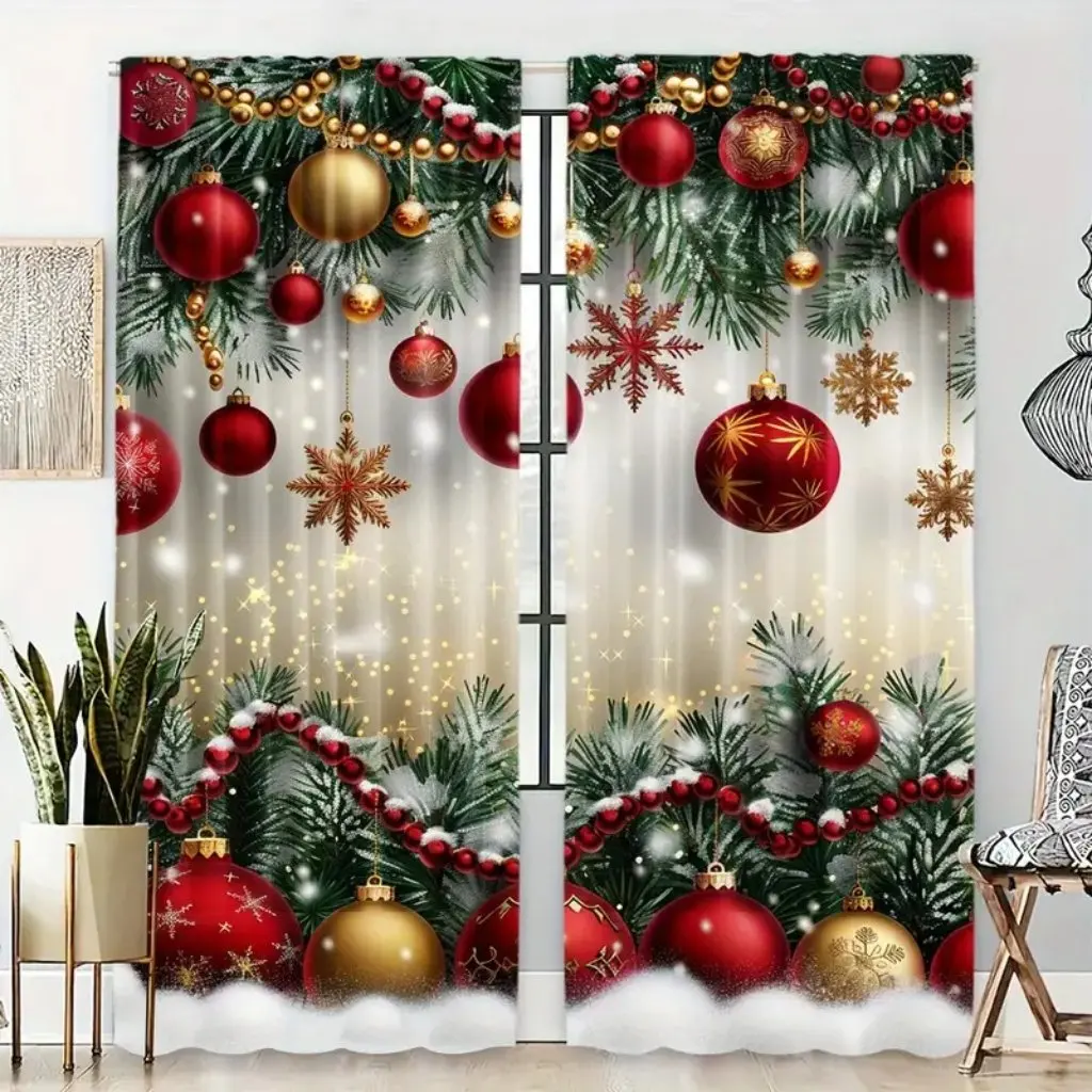 2pcs Set Christmas Tree & Ball Printed Curtains - Rod Pocket Design, Polyester, Perfect for Living Room, Kitchen, Bedroom, and D