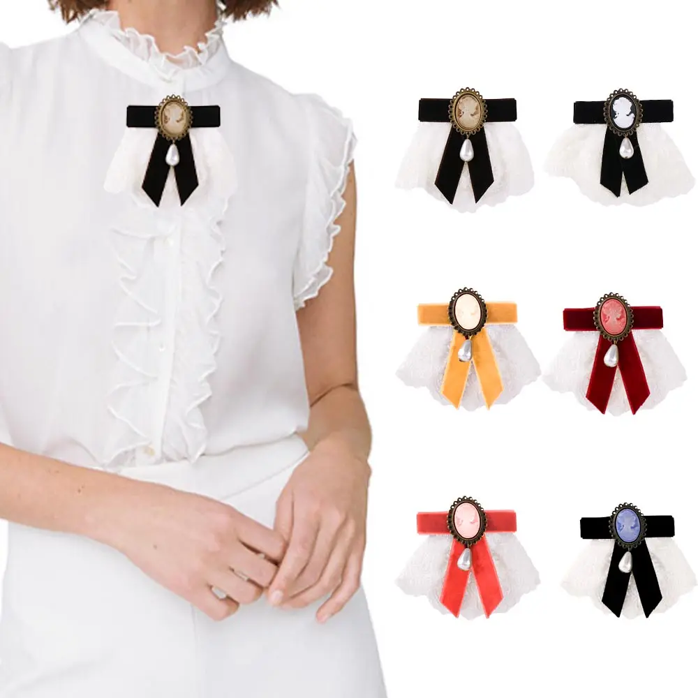 Vintage Imitation Pearl Ribbon Brooches Women Bowknot Collar Shirt Necktie Clip For Stewardess Student Performance