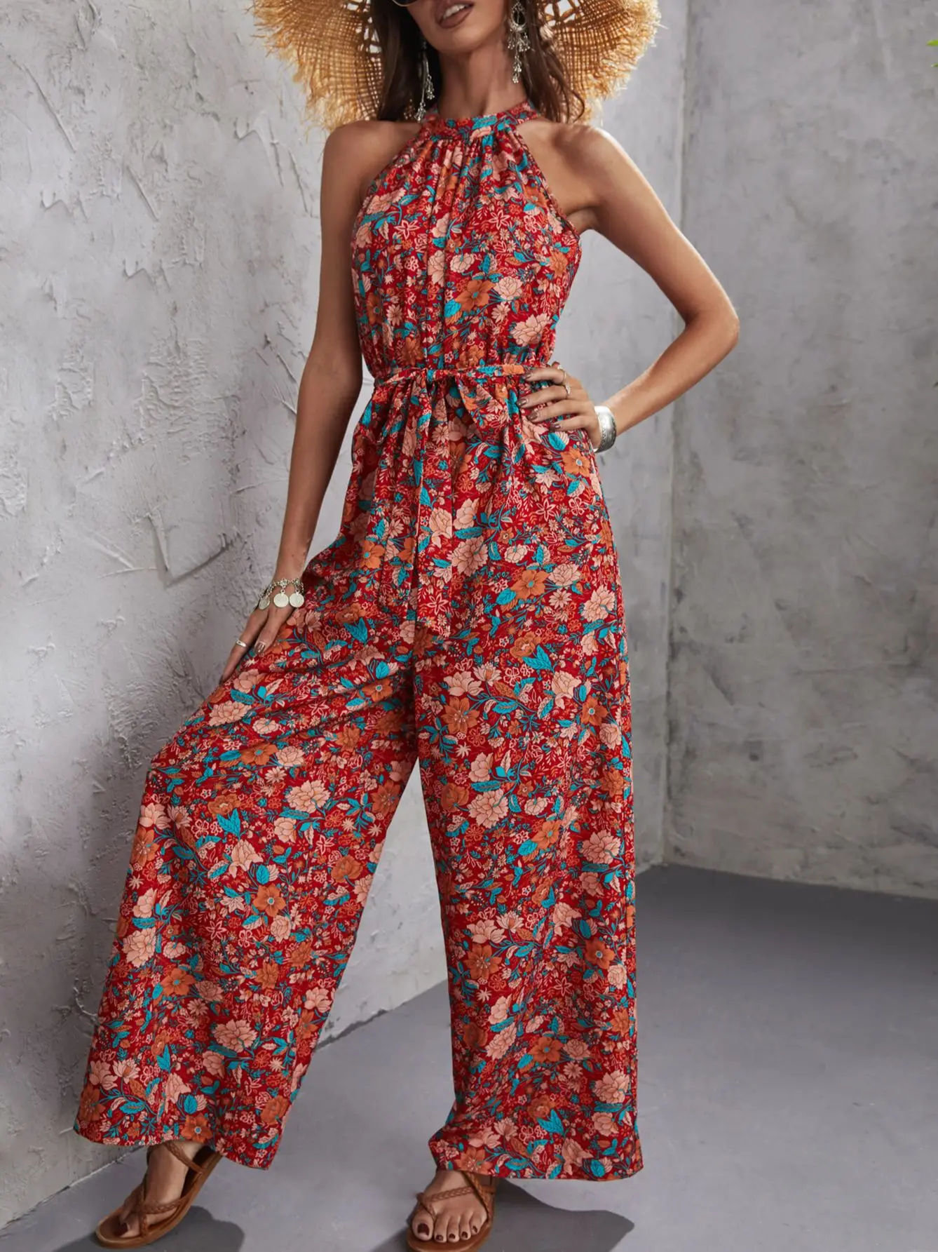 2022 Summer Sexy Floral Print Jumpsuits Women Sleeveless Backless Wide Leg Long Overalls Rompers Female Loose Halter Jumpsuits