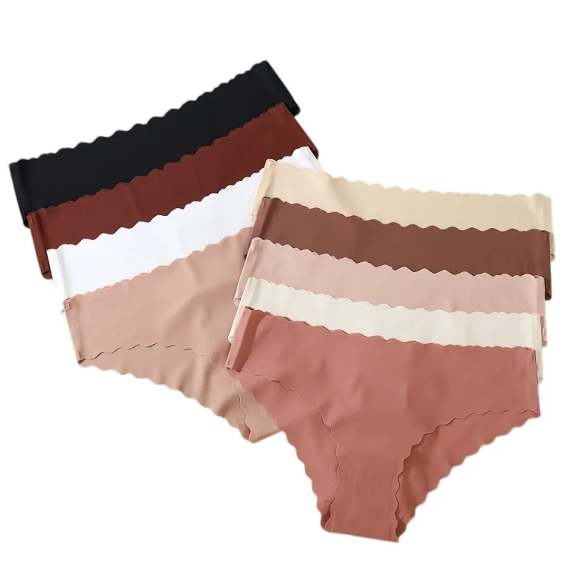 4-teiliges Set Eisseide Mid-Rise Slips Nahtlose Damenunterwäsche Einfarbige Unsichtbare Unterhosen mit Wellenrand Sexy Dessous XS-XL – Detail 2