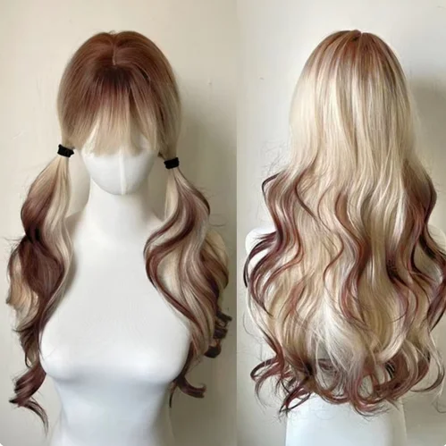 Ombre Blonde Brown Synthetic Wigs Long Wavy Curly Wig with Bangs for White Women Korean Daily Party Cosplay Heat Resistant Hair