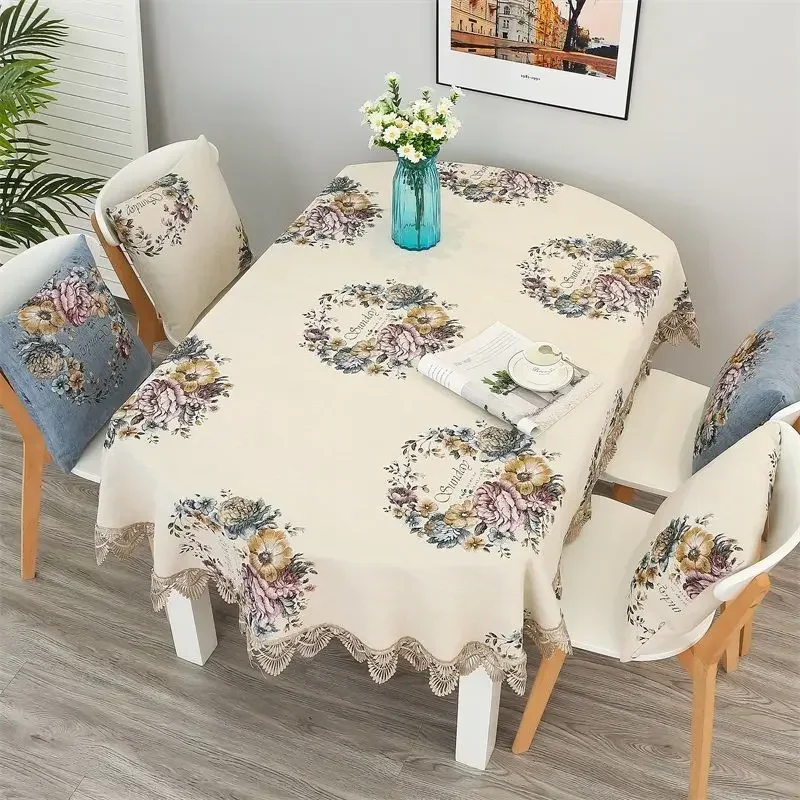 Tablecloth Oval 200cm Floral Jacquard Simple Europe Style Postoral Luxury Table Cloth with Lace Table Cover Farmhouse 71 Inches