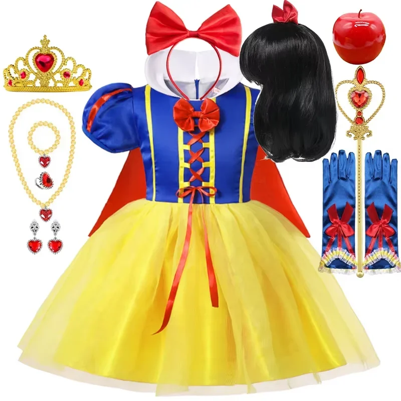 Snow White Princess Dress Kids Girl Costume With Cape Headwear Halloween Carnival Birthday Party Cosplay Children Clothing