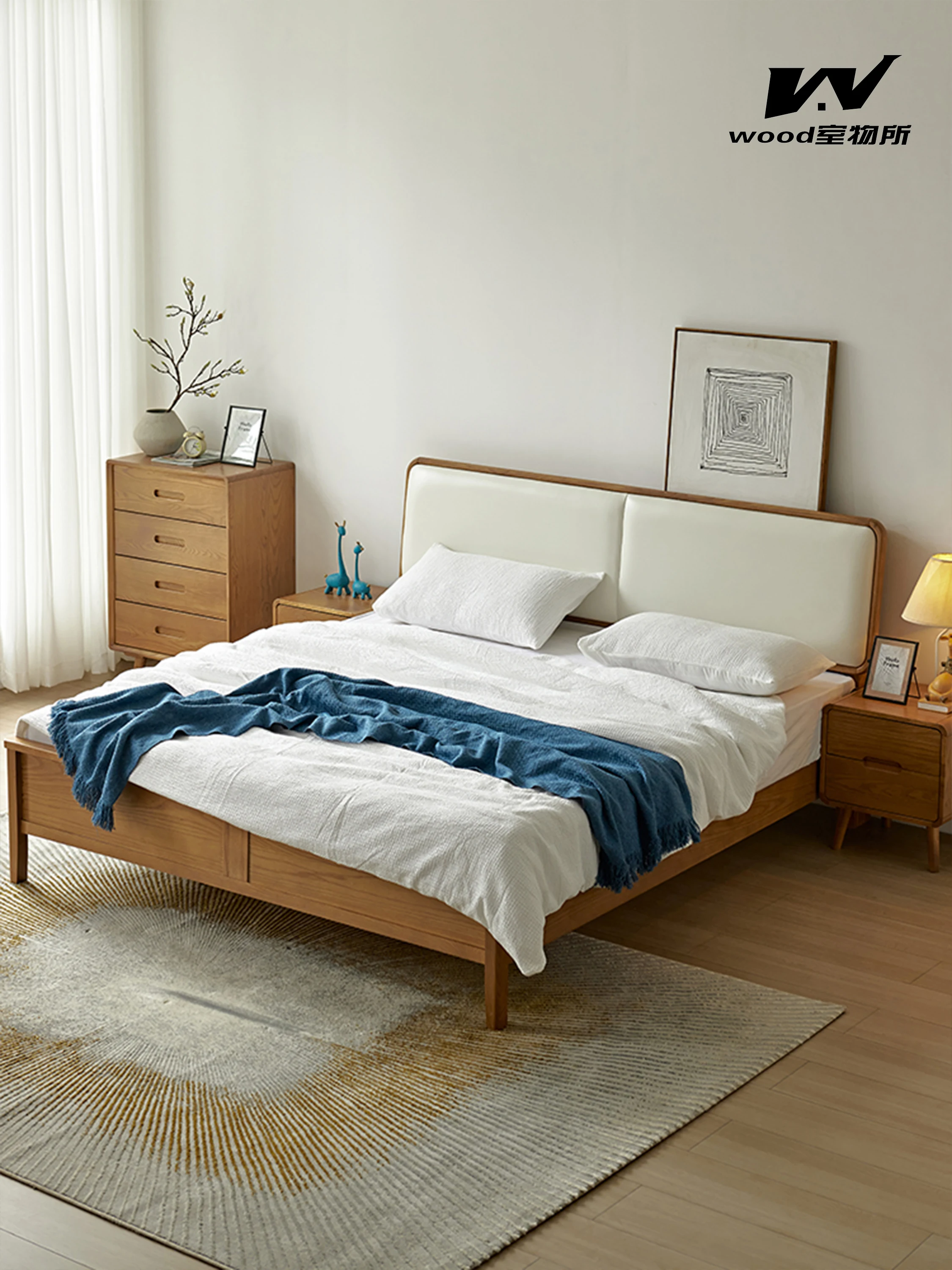 

Ash wood double solid wood bed room Nordic modern simple master bedroom 1.8m storage soft rely on log cream wind