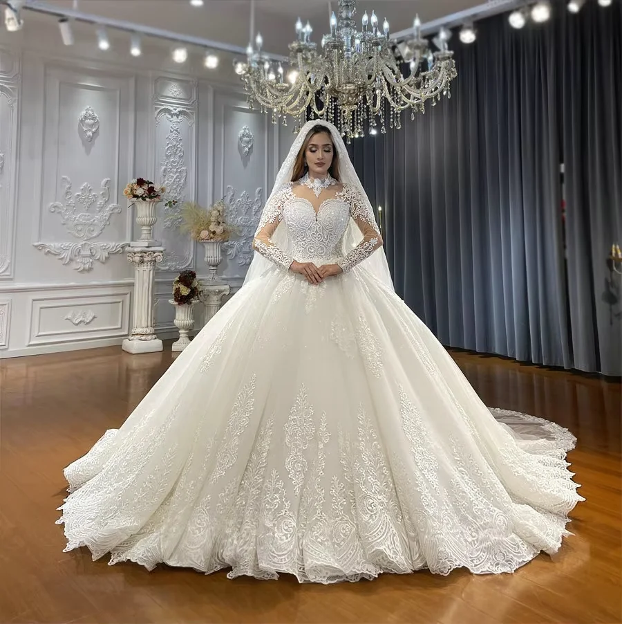 Customized Luxury Lace Wedding Dress Long Sleeves Beaded Bodice Embroidered Ball Gown Amanda Novias Official