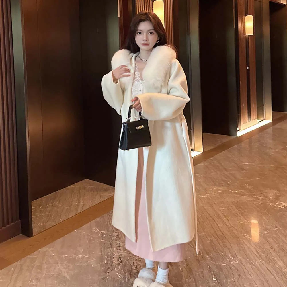 

2025 Autumn Winter New Fashion Double Faced Cashmere Coat long Real Fox Fur Collar Wool Warm Coat Women