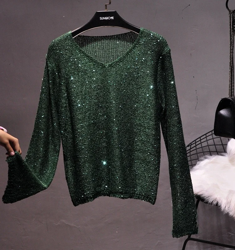 ja Sparkling Hollow out Knitted Sweater V-Ne Bell Sve Top Women's Faion Ele Commute Sle Thin Long Sve