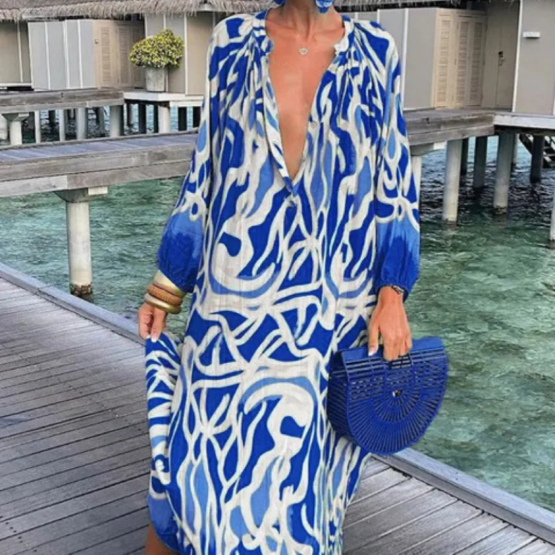 Camicetta da spiaggia elegante abito autunnale con scollo a v ampio abito stampato bohémien a maniche lunghe per le donne