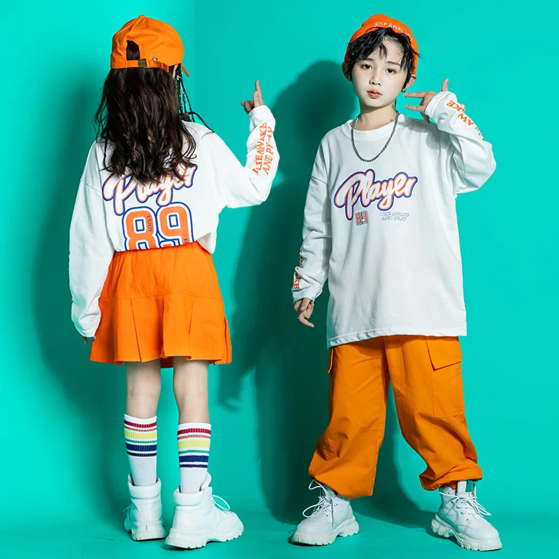 

Kid Hip Hop Clothing White Letter Sweatshirt Top Orange Street Cargo Jogger Pants Pleat Skirt for Girl Boy Dance Costume Clothes
