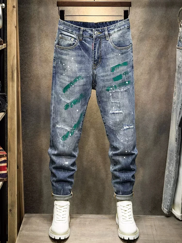 Street Fashion Men Jeans Retro Blue Elastic Stretch Skinny Ripped Jeans Men Painted Designer Hip Hop Denim Pencil Pants Hombre