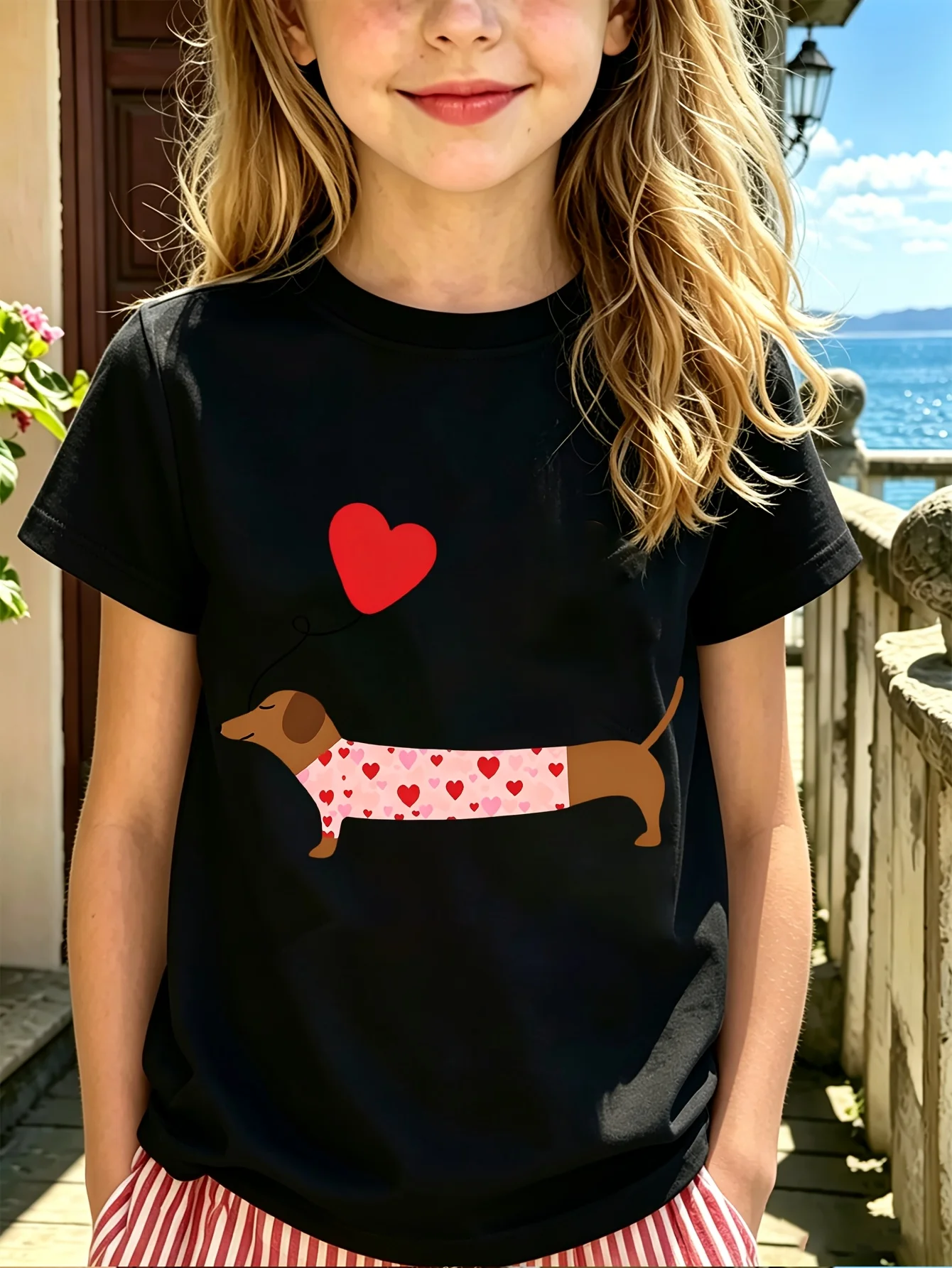 Family Matching T Shirt Heart Pattern Dachshund Balloon Graphic Print Short Sleeve Cotton Tee For Boys Girls Kids Daily Wear