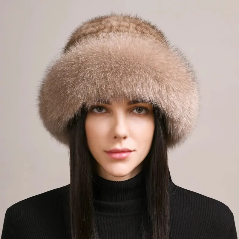 New Genuine Real Natural Knitted Mink Fur Hat Cap Real Fox Fur BeaniesLuxury Women Handmade Knit Fashion Winter Warm Headwear