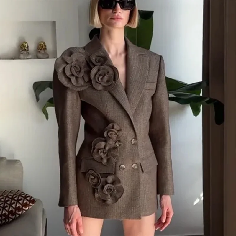 

2025 New Temperament Commuter Style Handmade Three-dimensional Flower Decorative Splicing Double-breasted Women's Blazer