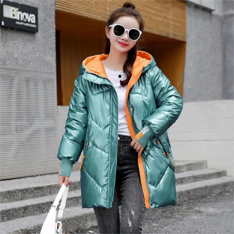 2024 Women\'s Winter Parkas Mid length Coat Loose Coat Thickened Bright Face Cotton Coat Women Cotton Padded Jacket