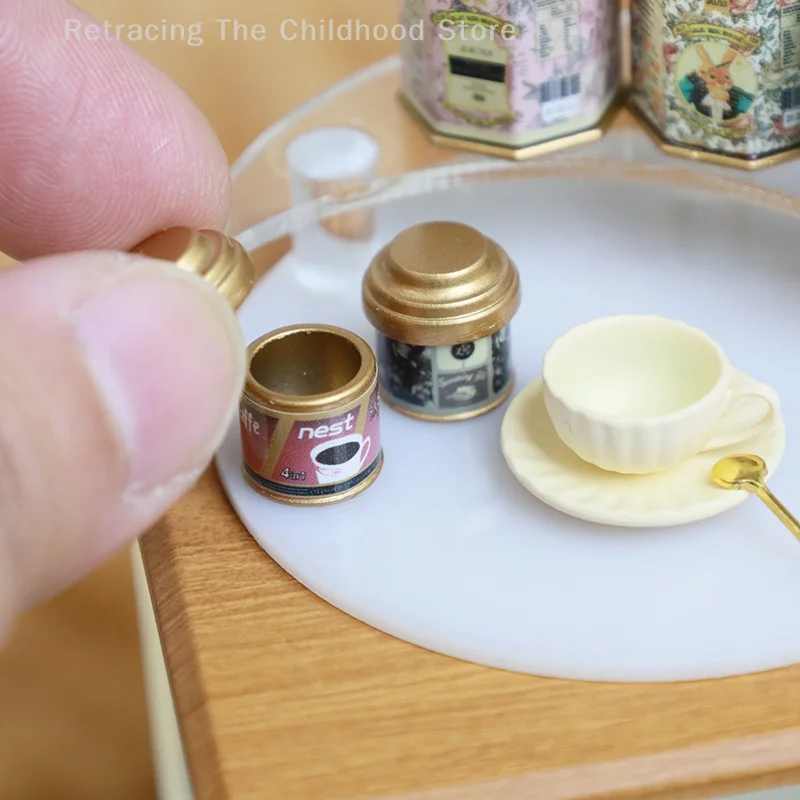 Caja de té para casa de muñecas, vajilla en miniatura, taza y platillo, decoración de cocina, accesorios para casa de muñecas, 1/12