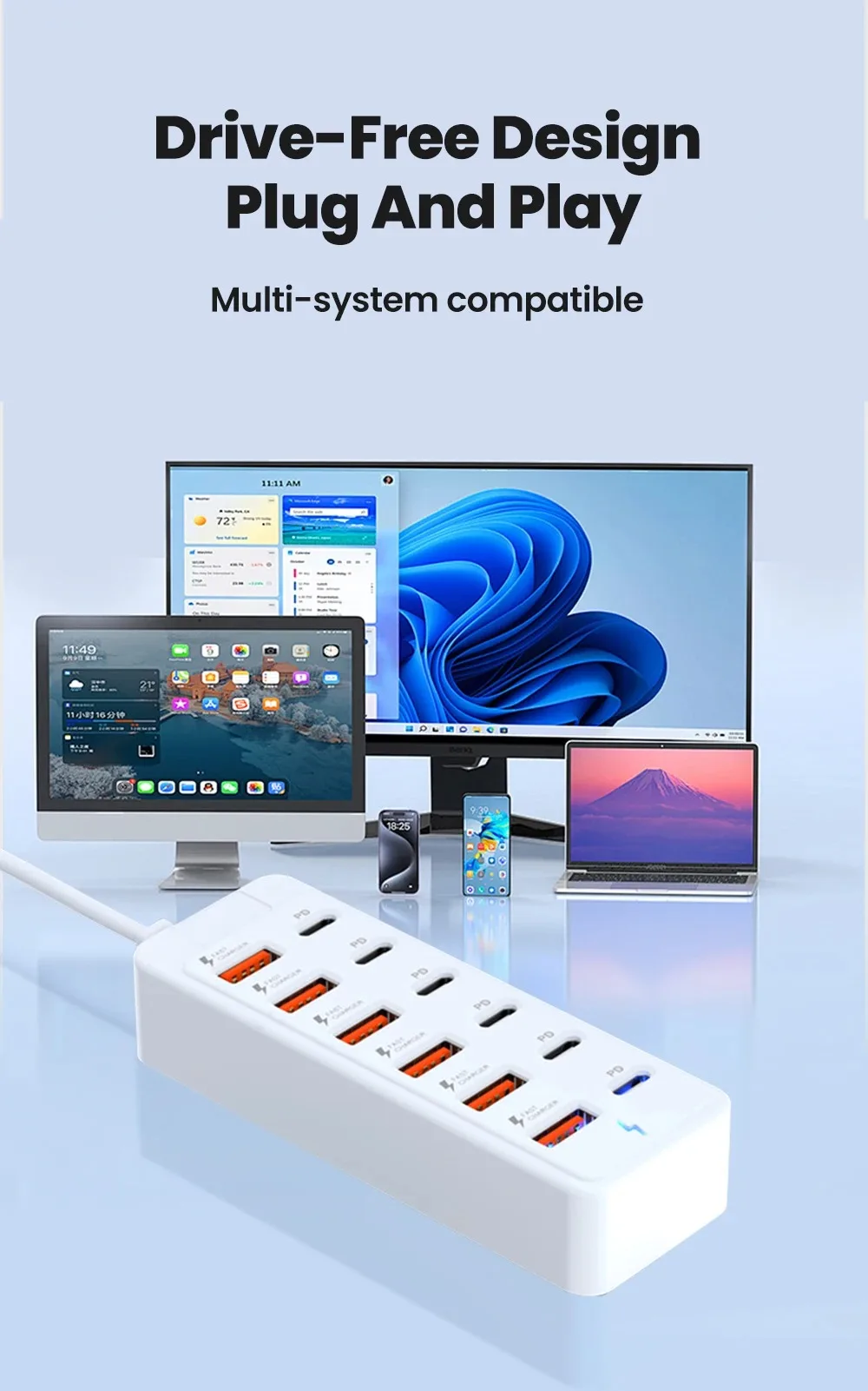 Auto-Schnellladegerät mit Mehrfachanschlüssen, 6-Port USB-Hub-Adapter Telefonladegerät & Stromanzeige, Kompatibel mit USB-C/USB-A-Geräten – Detail 8