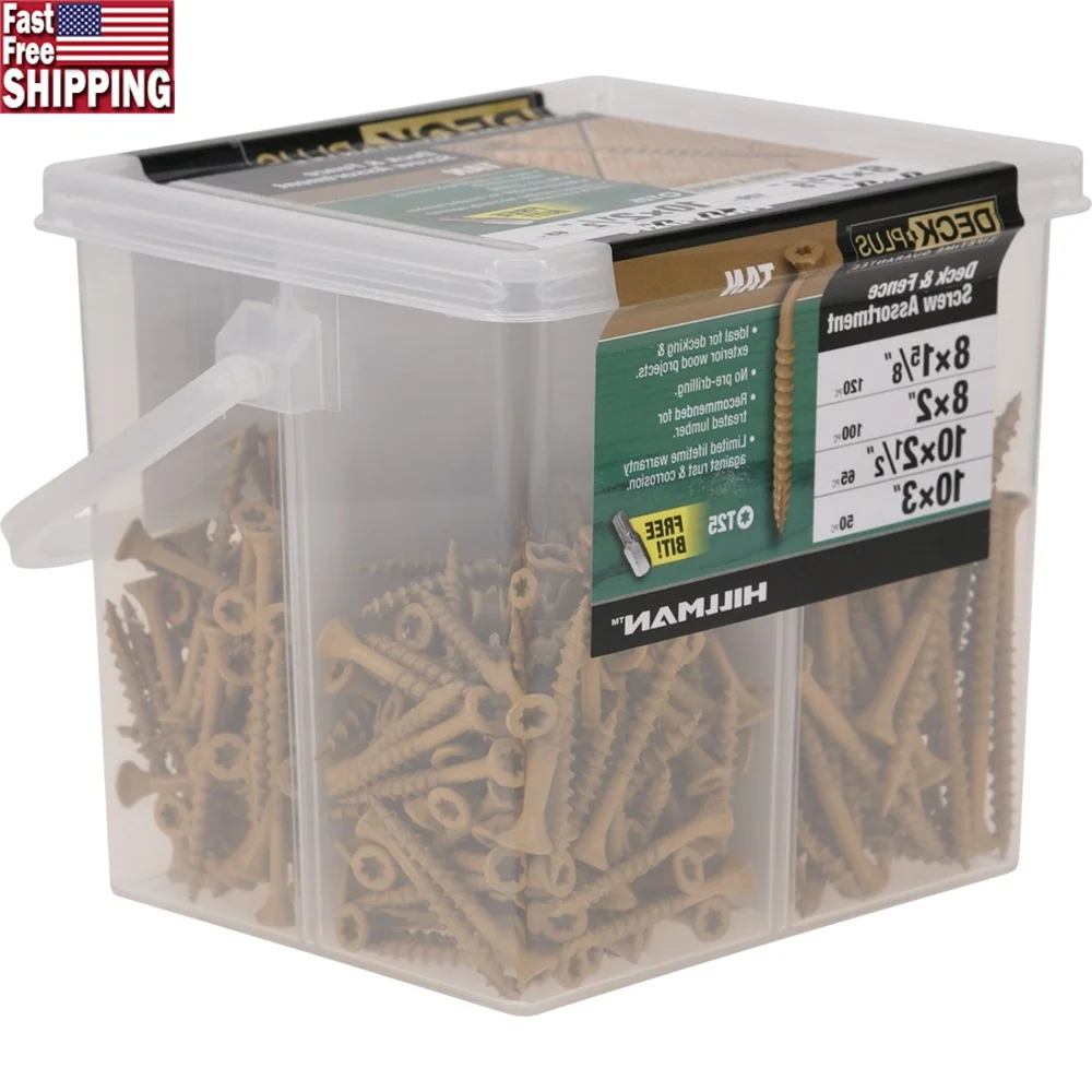 

Tan Deck and Fence Screw Assortment 335 Pieces Steel No Pre-Drilling Rust Resistant Fast-Start Self-Drilling Point Star Drive