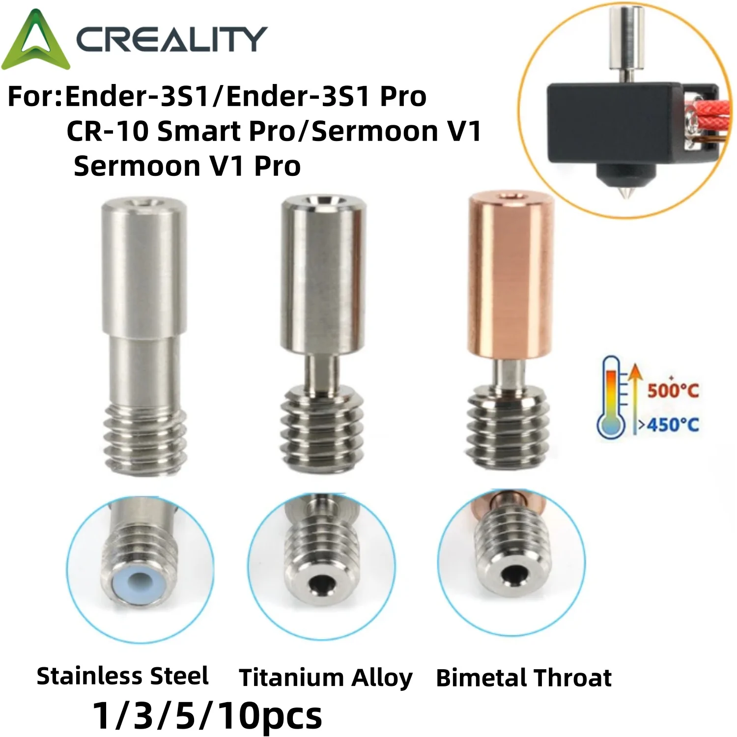 3D Printer Throat Ender-3 S1 Titanium Alloy Bi-Metal Heatbreak Sprite Extruder Copper Alloy Throat 1.75mm for Ender-3 S1 Pro