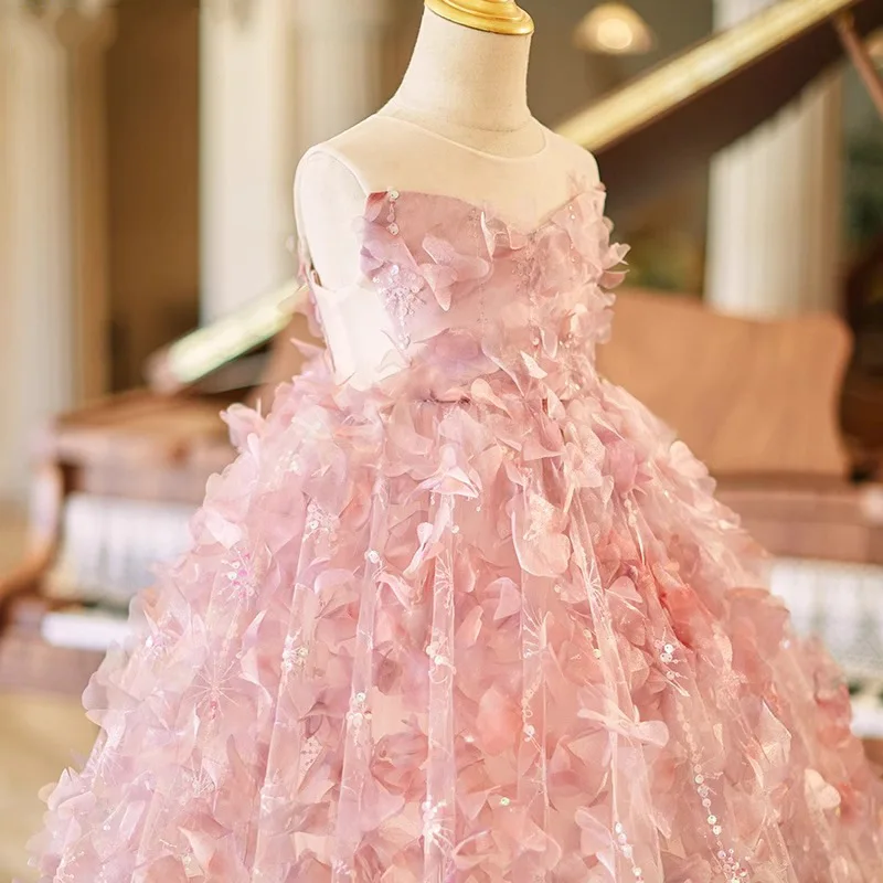 Girls' Niche High-End Host Performance Evening Dress Gorgeous Children's Birthday Pink First Birthday Princess Dress Flower Girl