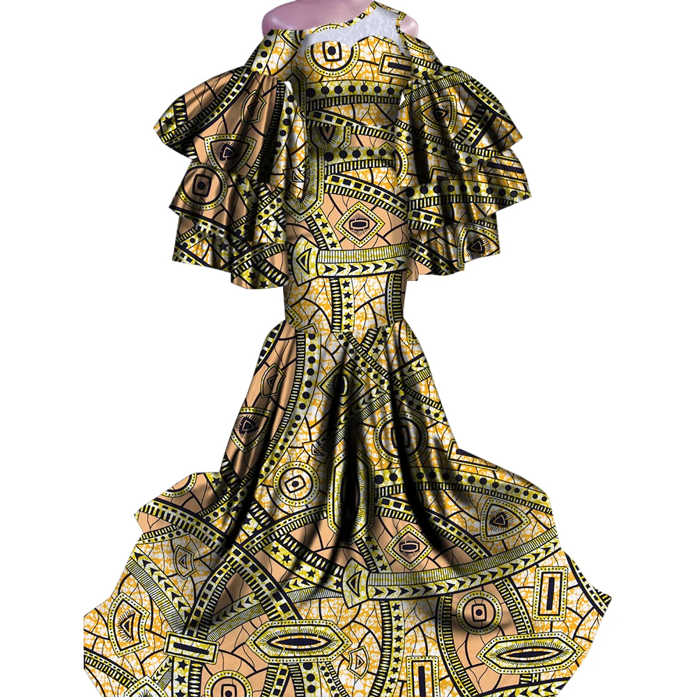 Bintarealwax Africa Dresses Dashiki Real Wax Print Traditional African Clothing Fishtail Big Swing Hem Dress for Women WY4336