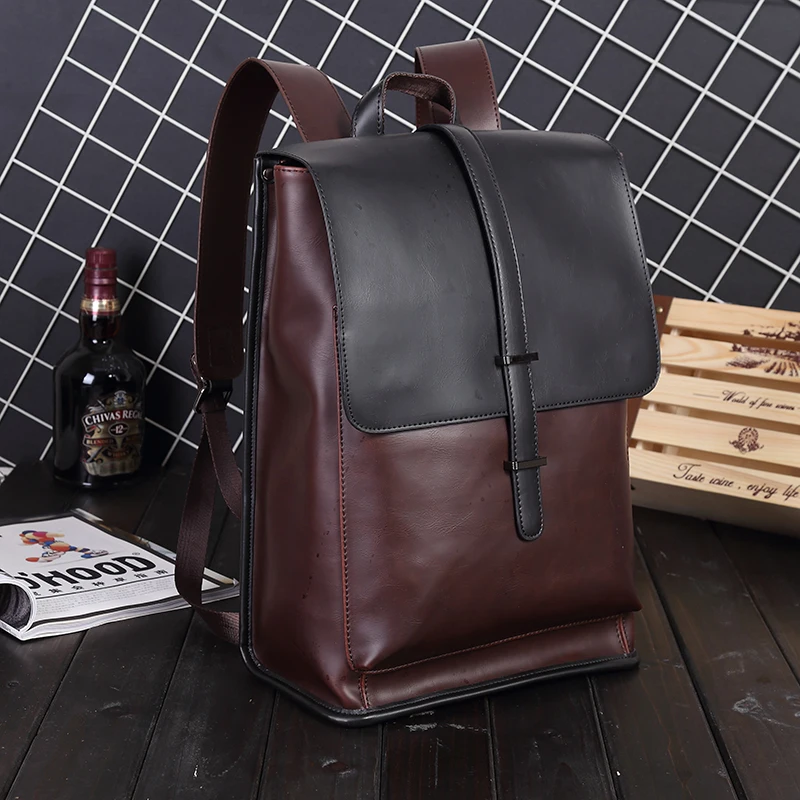 Men\'s Business Office Backpack School Bookbag Large Vintage Backbag Male Belt Solid Computer Laptop Bag Pack PU Leather Brown