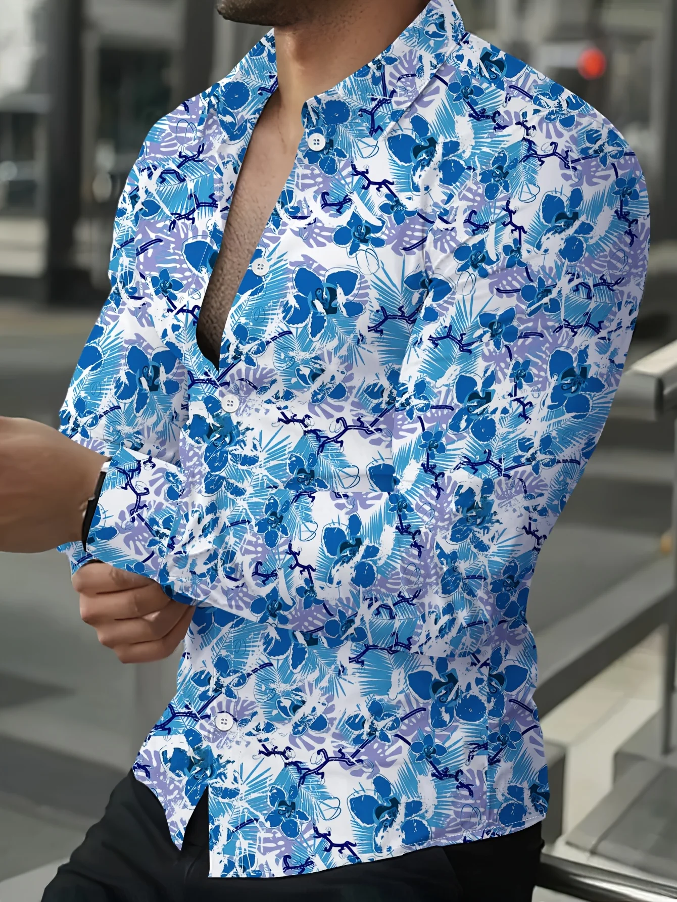Men Blue Purple Tropical Floral Print Long Sleeve Shirt Turn‑Down Collar Button‑Up Polyester Vacation Blouse