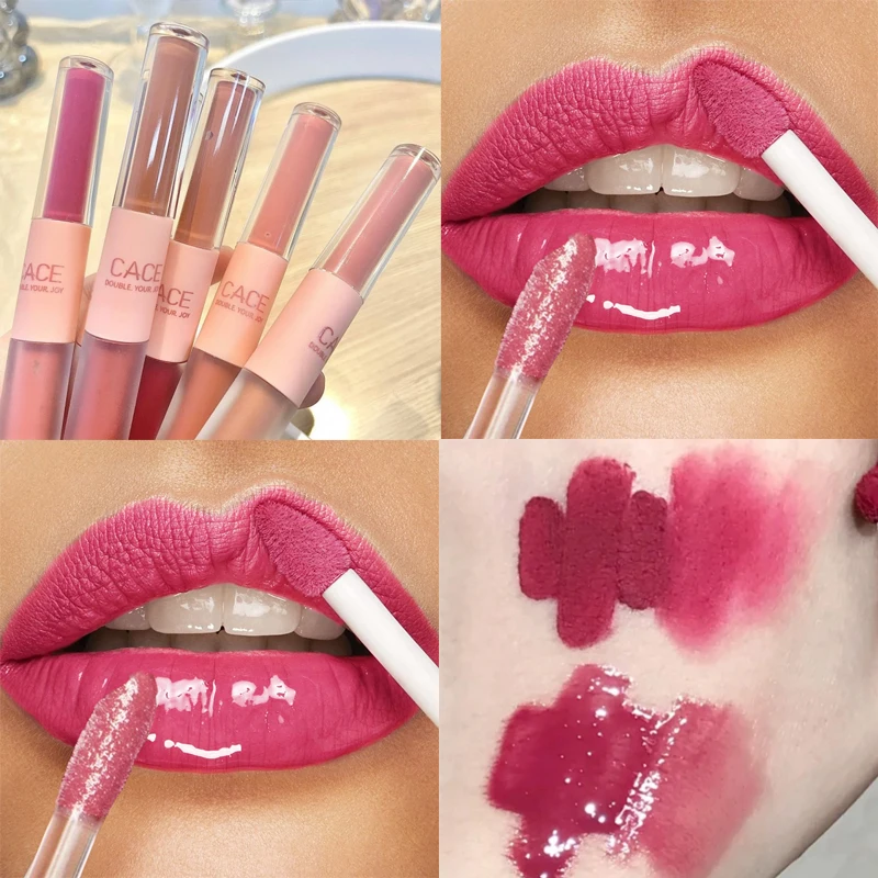 2 In 1 rossetto liquido doppia testa Matte Mirror Lip Glaze Waterproof Lasting Lip Gloss idratante Velvet Sexy Lip Makeup Tools