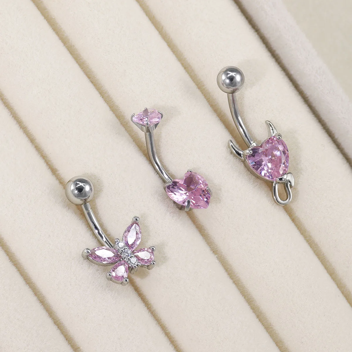 3pcs/Set Stainless Steel Color Cubic Zirconia Navel Rings Round Butterfly Heart Cherry Shapes Fashion Body Piercing Jewelry