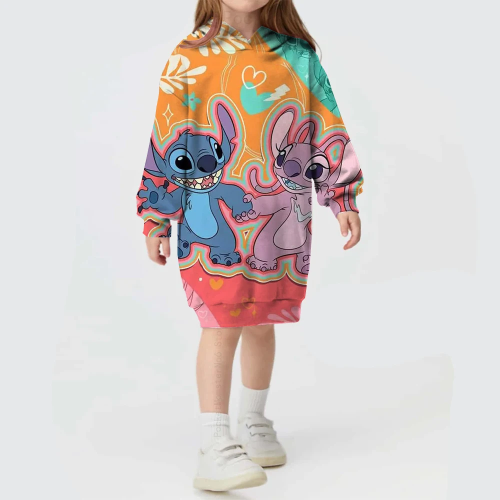 Vestido con capucha cómodo y dulce de Disney Stitch para niñas, estampado navideño, vestido de princesa de otoño e invierno, Top con capucha, ropa de moda