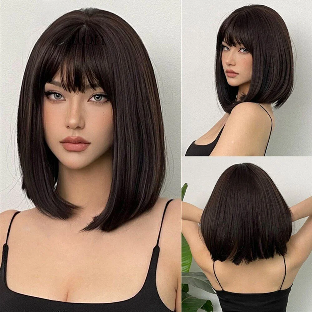 

Dark Brown Short Bob Synthetic Wigs with Bangs Medium Length Straight