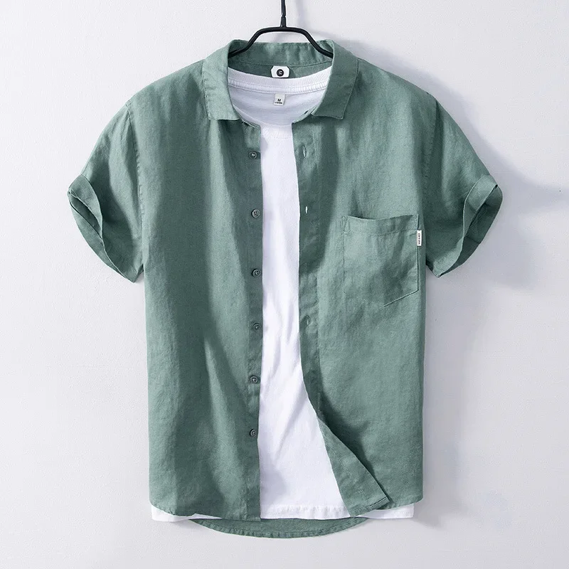 

Summer and Spring New Men Linen Breathable Half Sleeve Shirt Casual Pure Color Short Sleeve Autumn and Spring Workwear Z148