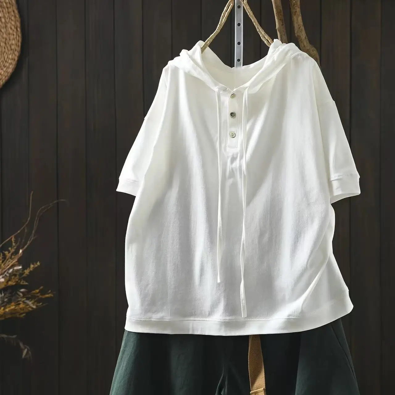 

2026 Women's Pure Cotton Hooded T-Shirt Short Sleeve Hoodies Japanese Style Drawstring Casual Loose Fit Summer Cotton Tops