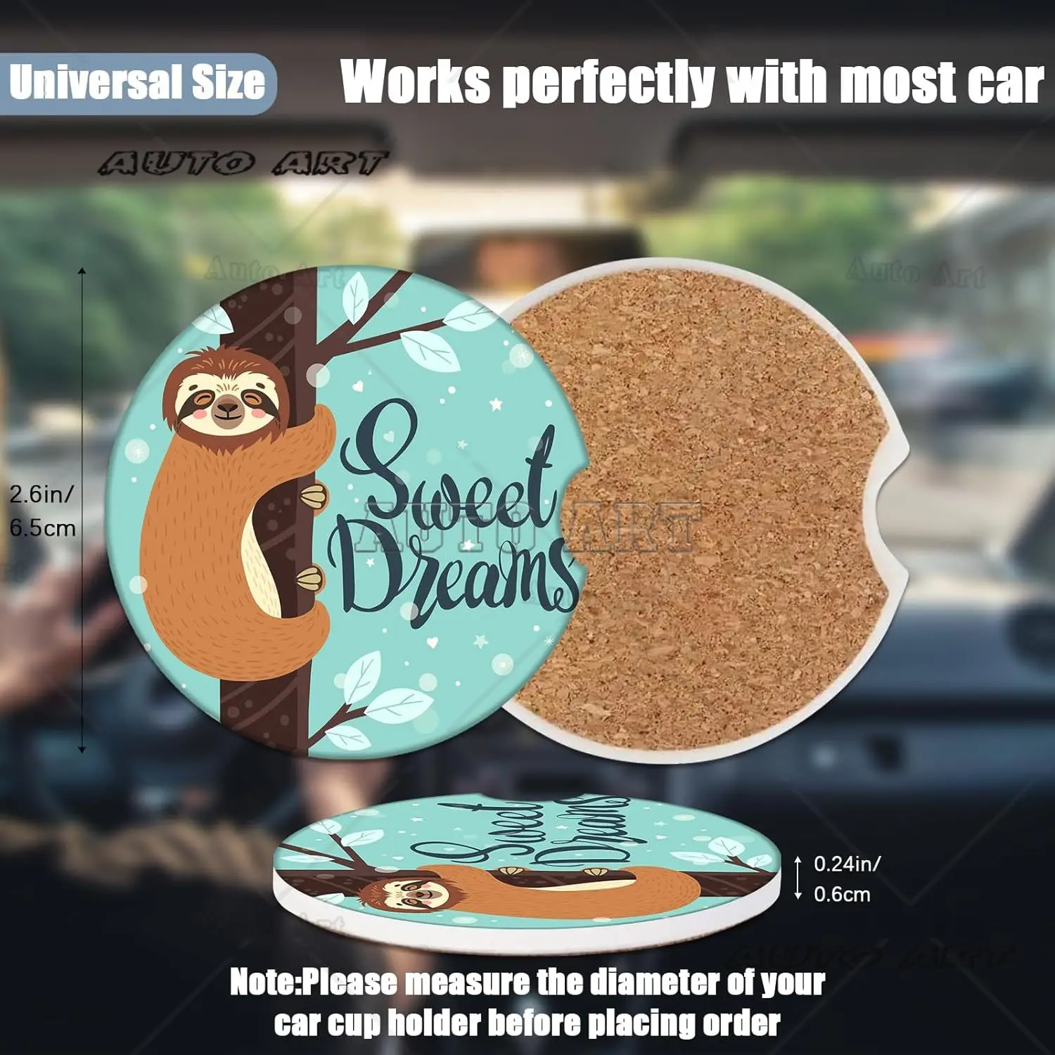 Car Cup Holder Coaster Cute Sloth Absorbent Ceramic Coaster 2 Pack for Cup Holders Fashion Car Interior Accessories Coaster