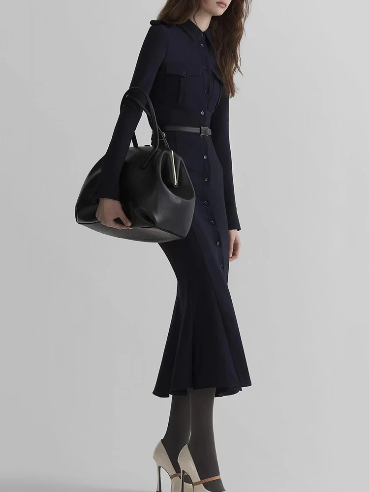 Collarless work-style dress for women - single button, fitted and figure-hugging A-line skirt, elegant business shirt dress
