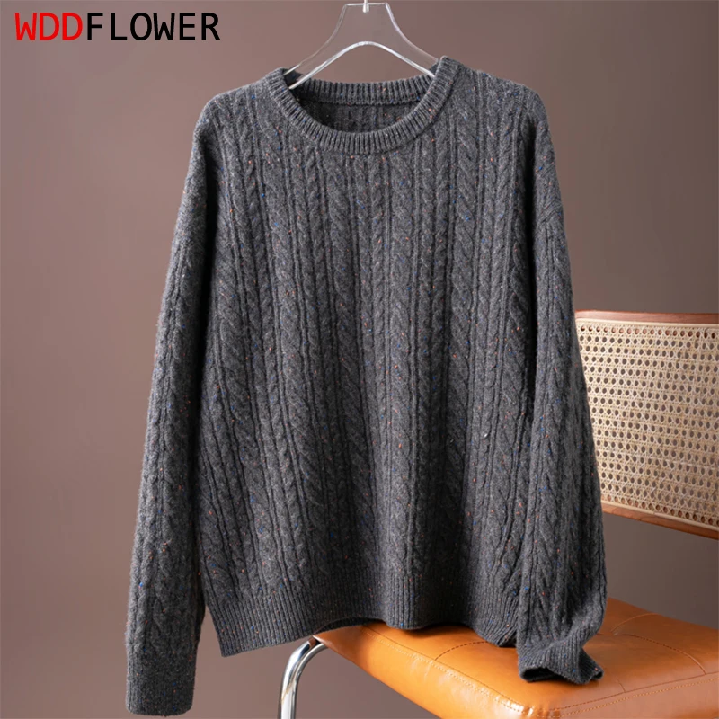 

Женский свитер из 100% натуральной шерсти, темно-серый вязаный свободный пуловер с круглым вырезом и длинными рукавами, теплый осенне-зимний топ M1474