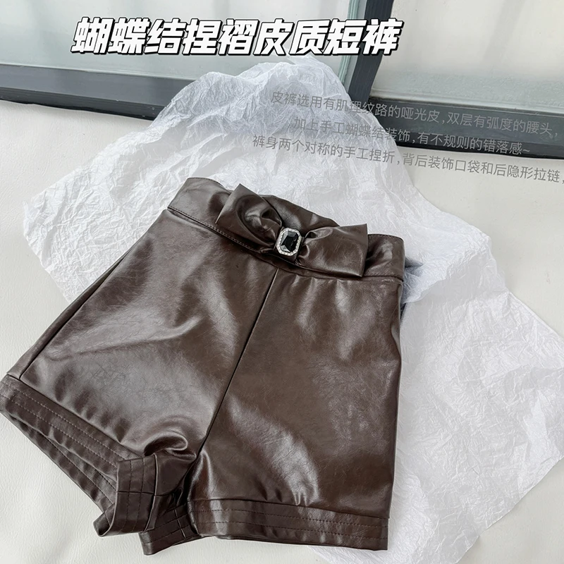 Fashion Woman Summer 2024 New Bow Design Women's High Waist Short Pants Solid Color PU Leather Shorts Biker Elegant Casual Pants