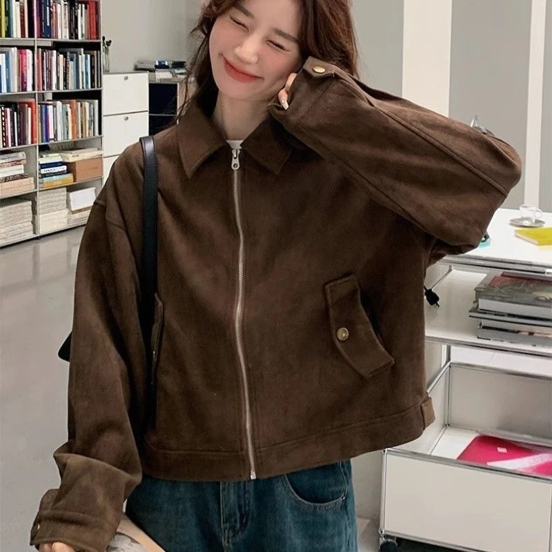 2025년 신상 여성용 카라멜 레트로 재킷 반팔 루즈핏 아메리칸 스타일 다용도 봄 가을 상의