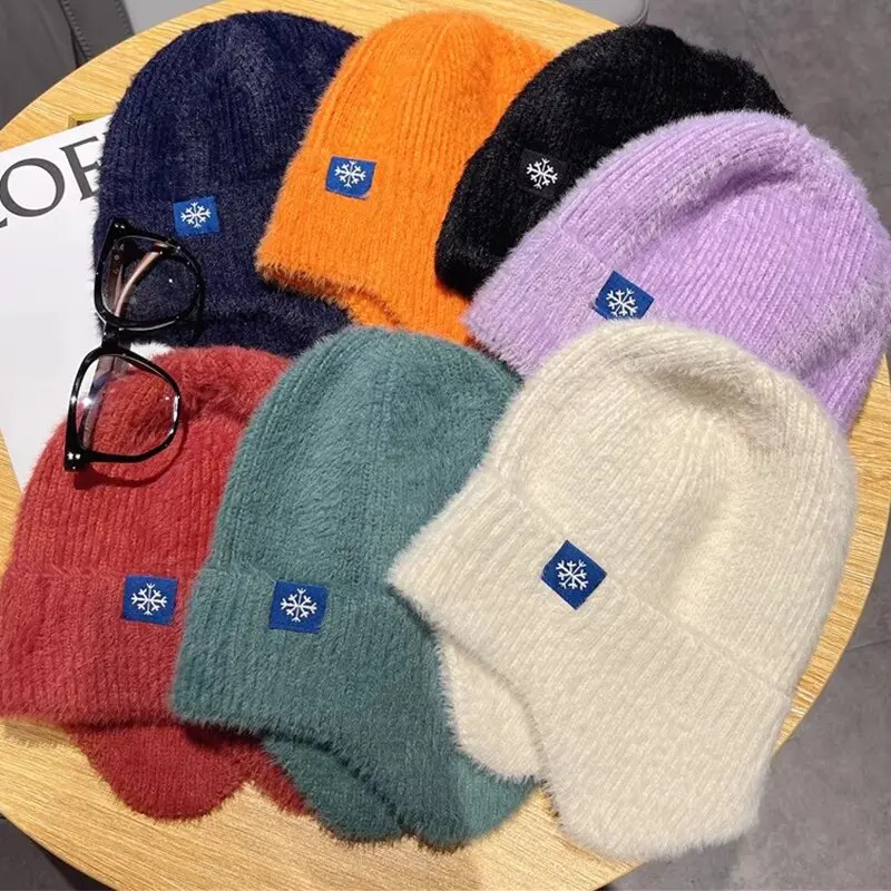 Hot Sale Women Earflap Winter Hat Candy Colors Fashion Faux Fur Knitted Hat Kpop Style Soft Beanie Hats Female Streetwear Cap