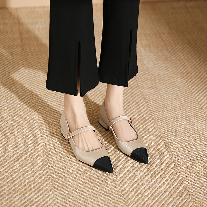 Flat-soled single shoes, women's one-word buckle shoes, small fragrant, pointed, low-heeled, shallow shoes.