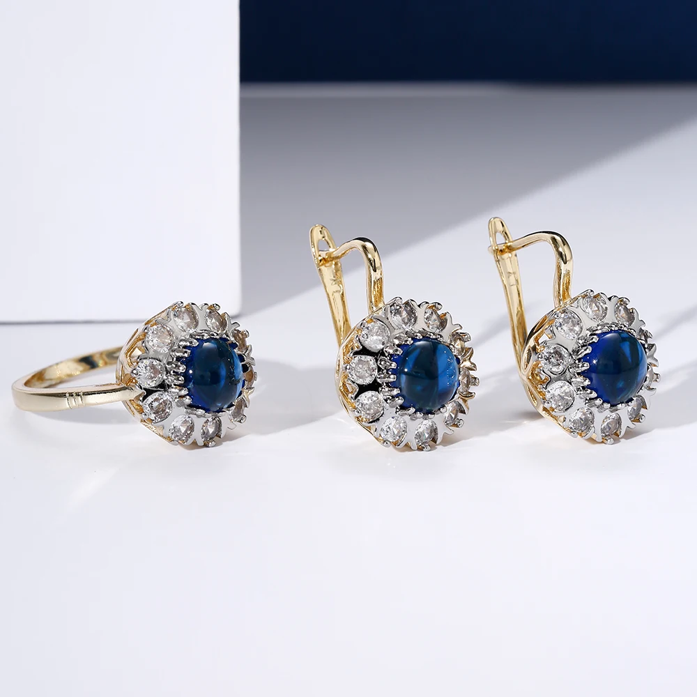 Runde, eingelegte Zirkon-Ohrringe und Ringe, dreiteilig, exquisiter Modeschmuck, Party, Bankett, Weihnachtsschmuckset