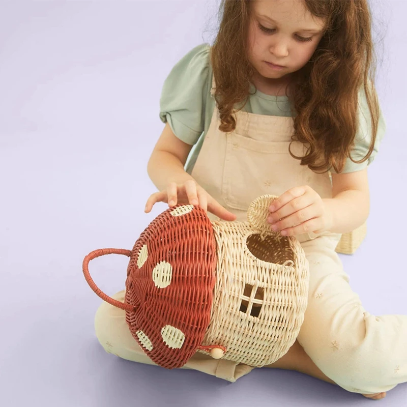 Imagem -05 - Rattan Storage Basket With Mushroom-shaped Handmade Fofo Presente Artesanal Decoração Arte Rosa 24x28cm