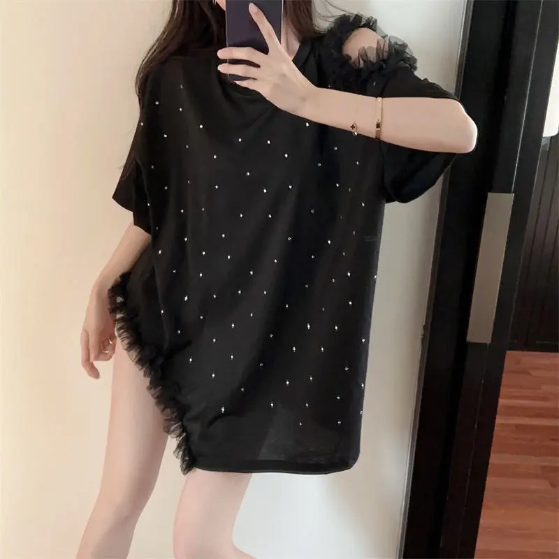 

Top Female Baggy Splicing Lace Sequin Black Off Shoulder Women's T-shirt 2025 High Quality Kpop Korean Streetwear Basic Fashion